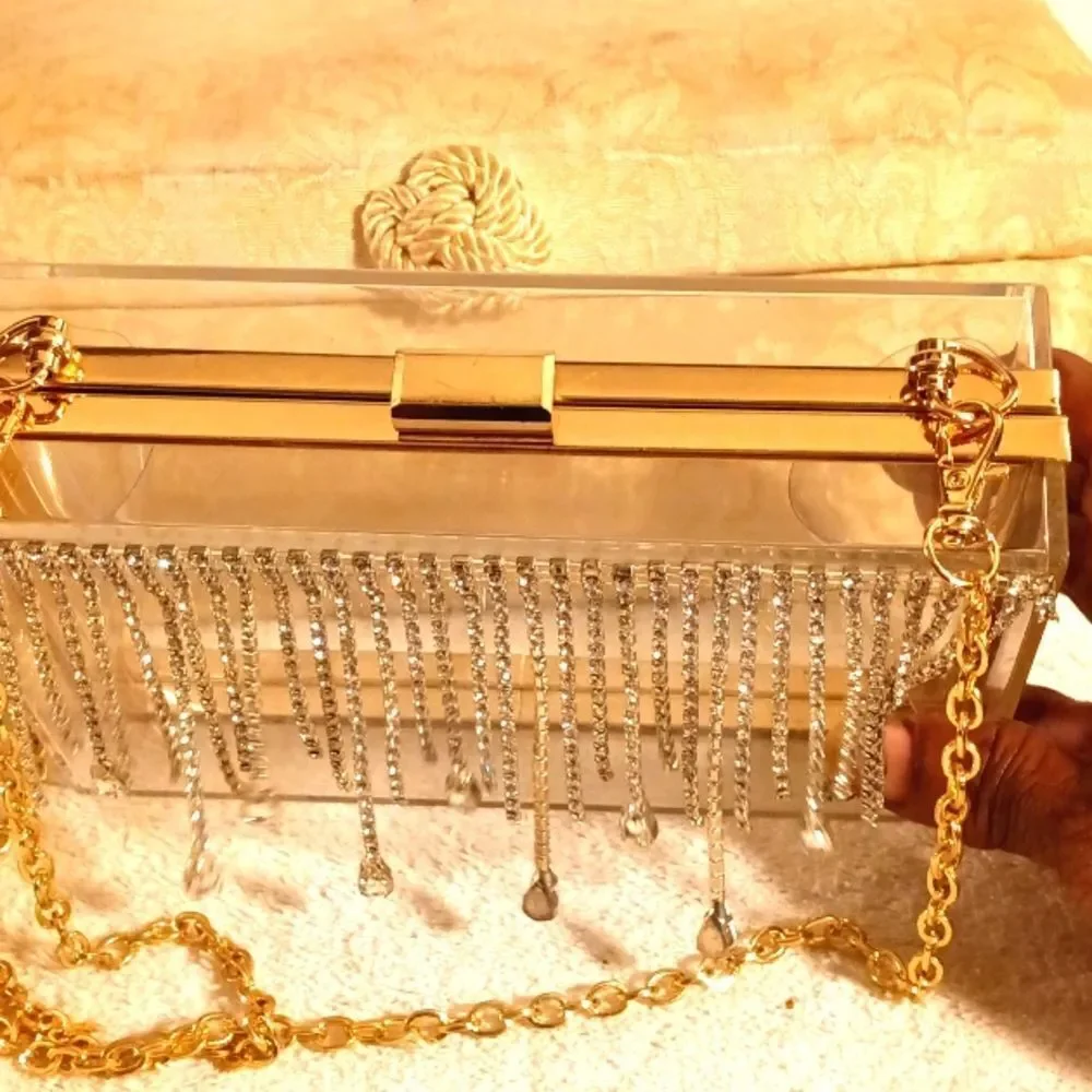 Clear Acrylic Rhinestone and Gold Hardbody Gold Chain Crossbody Clutch 7…